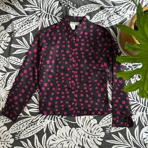 100% Silk. Chic Pink and Black Women's Button-Up Top